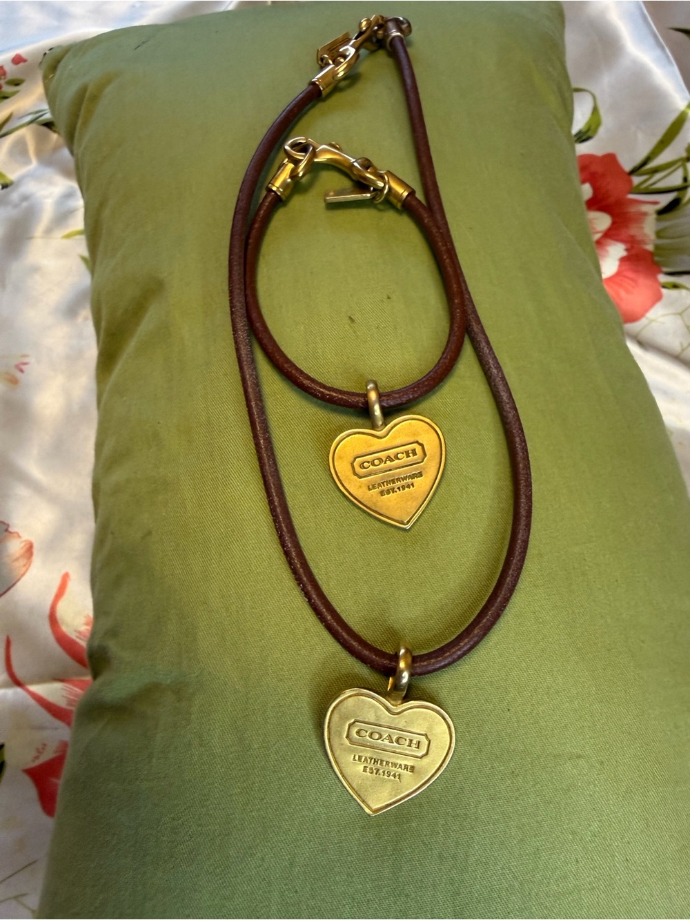 Coach Vintage Leather Cord Necklace & Bracelet Set | Heart Charm | Gold Tone